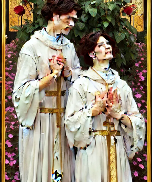 Image similar to two beautiful young catholic priests are in love in the church garden of roses, portrait, intricate, elegant, highly detailed, 20mm film, smooth, sharp focus, art by artgerm and greg rutkowski and alphonse mucha