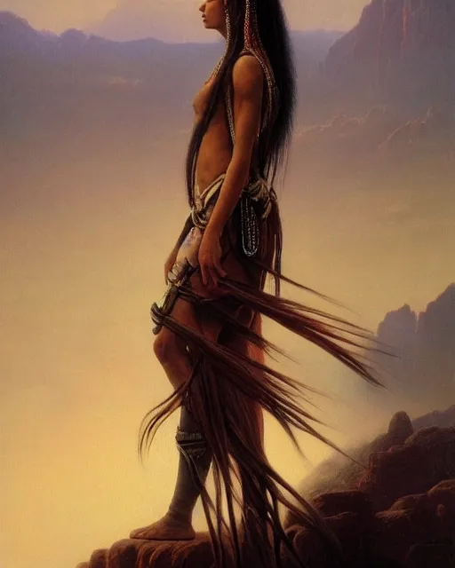 Image similar to beautiful female American Indian, long flowing hair, standing in a fantasy environment, realistic oil painting by Thomas Cole and Wayne Barlowe