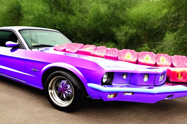 Image similar to purple mustang covered in liquid watermelons