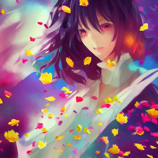 Prompt: spaciously scattered multi colored flower petals flowing through the air from left to right on a clean background, anime, artgerm, manga, trending on artstation, wlop, artgerm