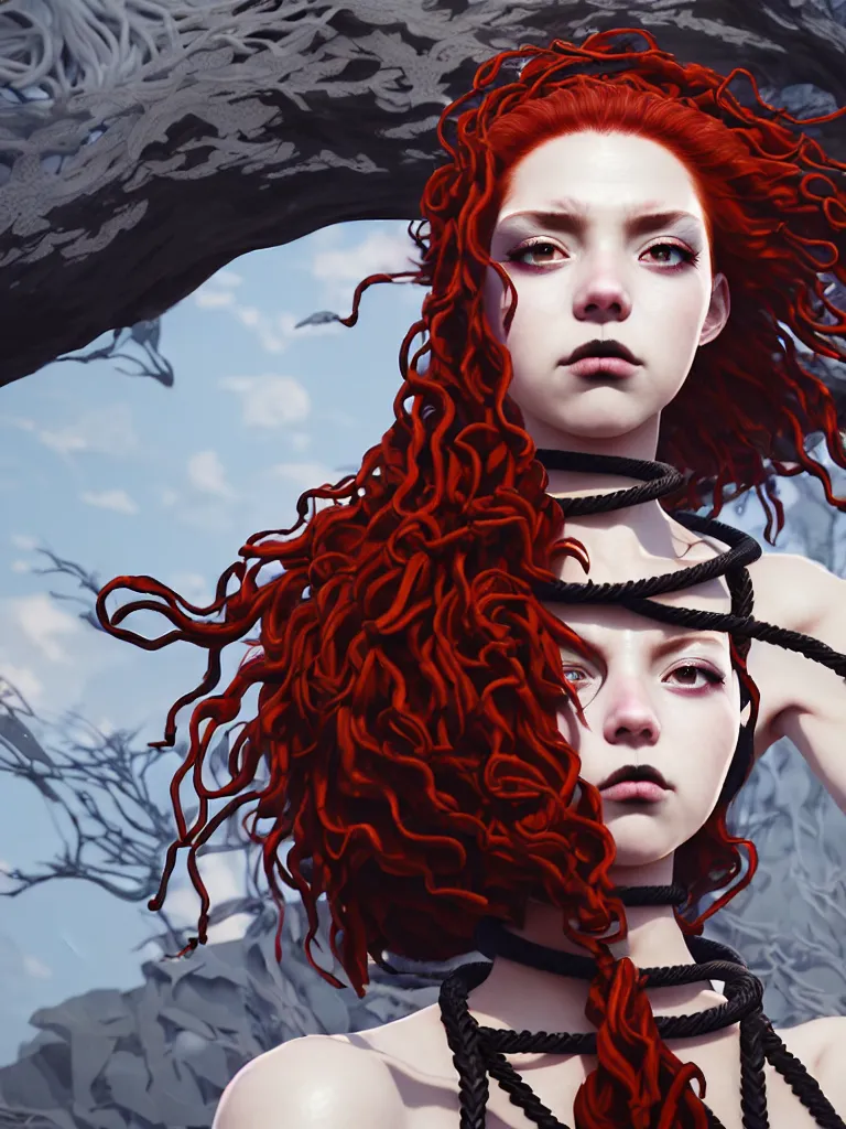 Prompt: a single fierce looking beautiful young woman with curly red hair and symmetrical white makeup, tied up with black rope, wearing an intricate headdress made from bones and leather, painted by makoto shinkai, studio ghibli, intricate linework, unreal engine 5 highly rendered, global illumination, radiant light, detailed and intricate environment