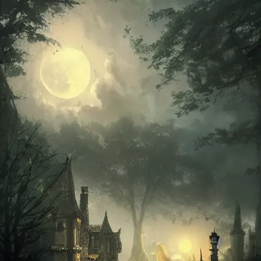 Prompt: a hidden village in the trees, victorian setting, dramatic light, clouds, moon, storm, night, high detail, fantasy background, painted by greg rutkowski, digital art, trending on artstation