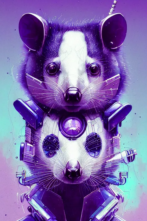 Prompt: a beautiful portrait of a cute cyberpunk opossum by sandra chevrier and greg rutkowski and wlop, purple blue color scheme, high key lighting, volumetric light, digital art, highly detailed, fine detail, intricate, ornate, complex, octane render, unreal engine, photorealistic