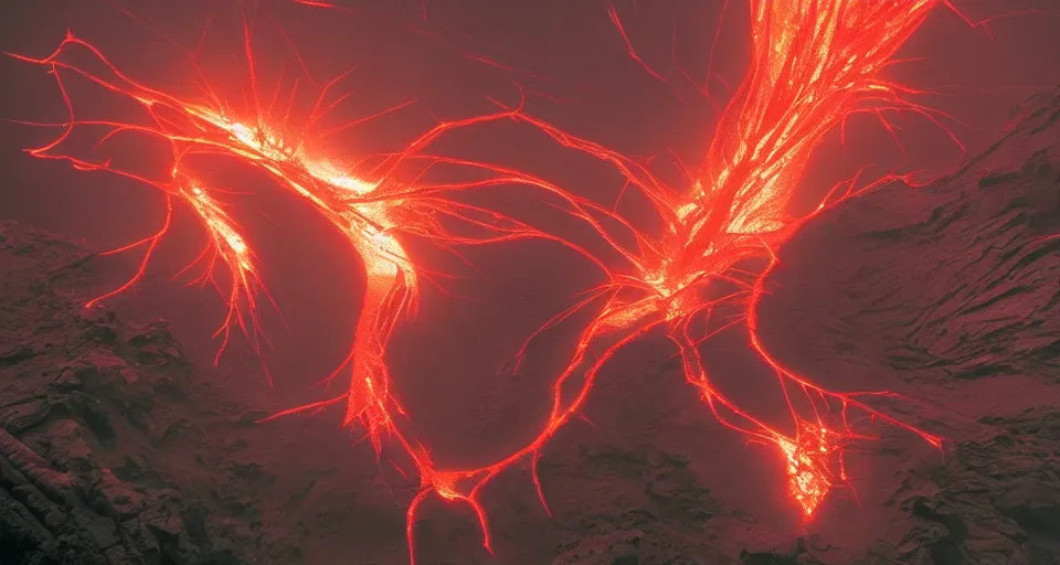 Image similar to a volcano made of ivory vines and crimson rocks enters in eruption, it spits a smoke in the shape of demonic eye, from Magic the gathering