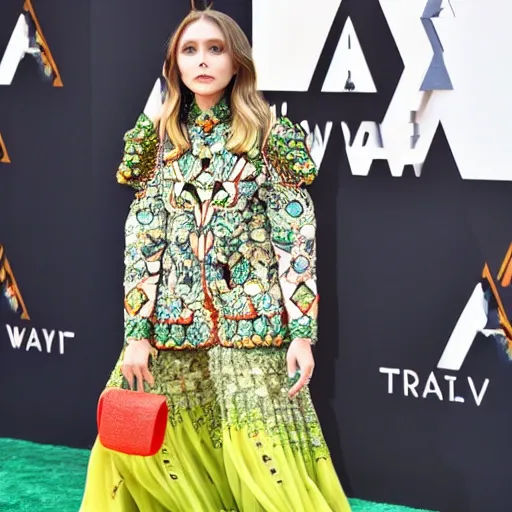 Image similar to elizabeth olsen walking on the red carpet, wearing an avocado stylized suit with the pith in the middle, trending on unsplash, 4 k quality, intricate