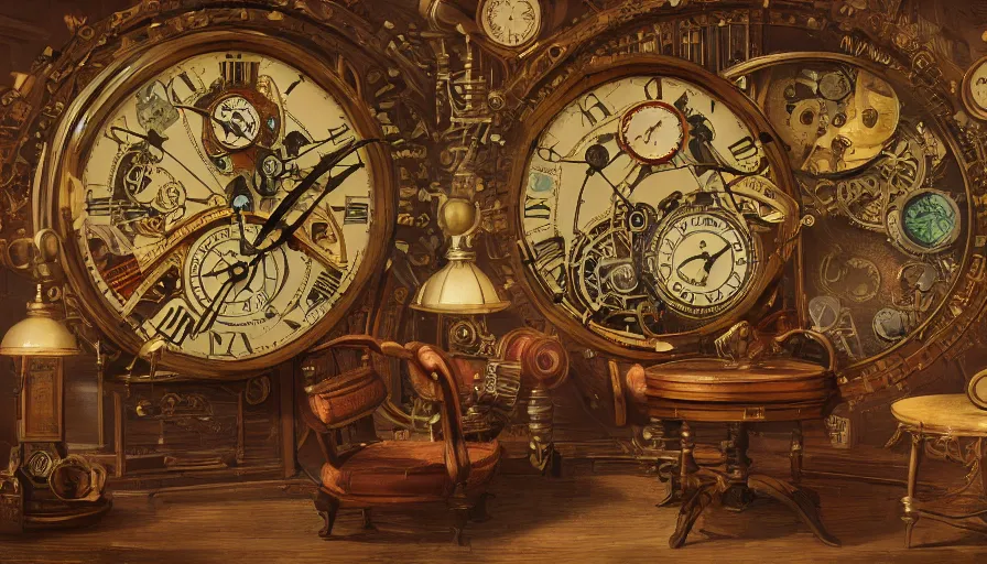 Image similar to a circular common room full of antique clocks, high detail, concept art, illustration, steampunk, fantasy, mechanical, 4 k, trending on artstation