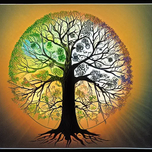 Image similar to a tree representing the four seasons and the cycle of life and death, by victor ngai