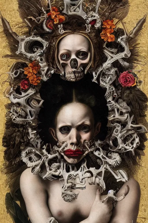 Image similar to Detailed maximalist portrait with large lips and with large, wide eyes, sad expression, extra bones, flesh, HD mixed media, 3D collage, highly detailed and intricate, surreal, illustration in the style of Caravaggio, dark art, baroque