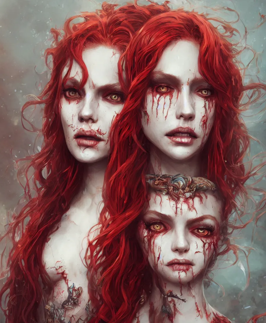 Prompt: close-up portrait of zombie mermaid young woman with red hair, fantasy, intricate, digital painting, trending artstation, concept art, illustration, art by Greg Rutkowski