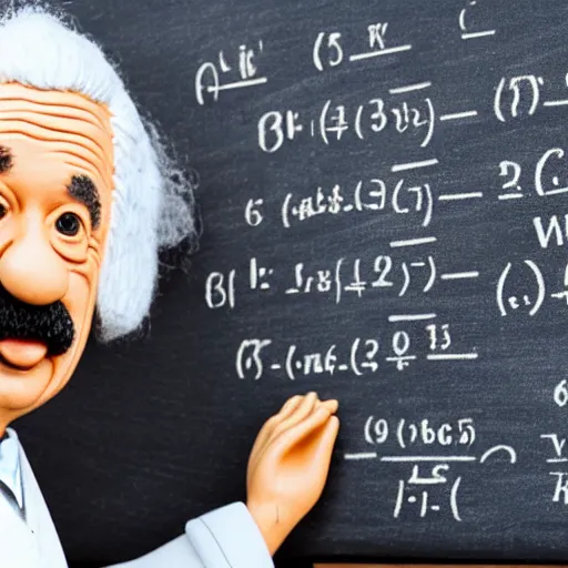 Prompt: miniature claymation albert einstein standing in front of blackboard with lots of mathematical formulas chalked on