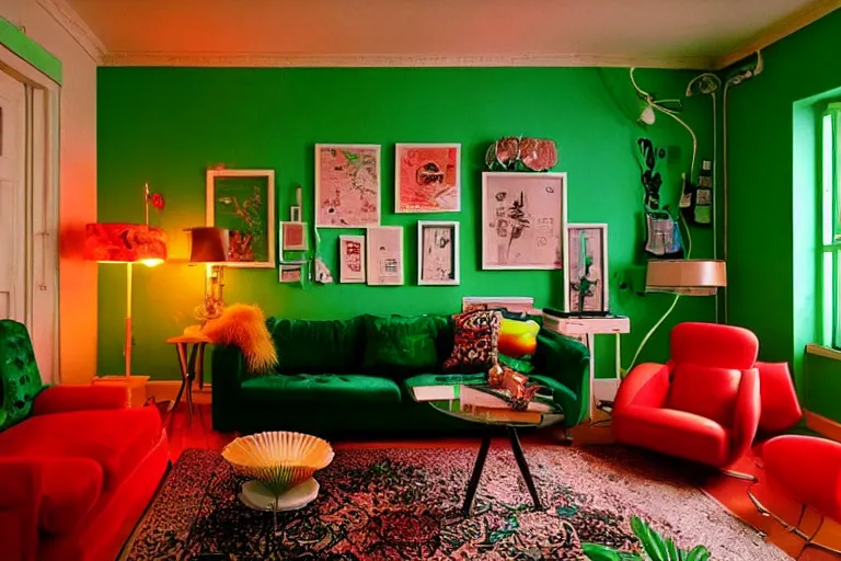 Prompt: apartment inspo groovy lava lamp theme, frog themed, in 2 0 5 5, y 2 k cybercore, bright - light photography, bathed in the glow of a crt monitor, still from a wes anderson movie