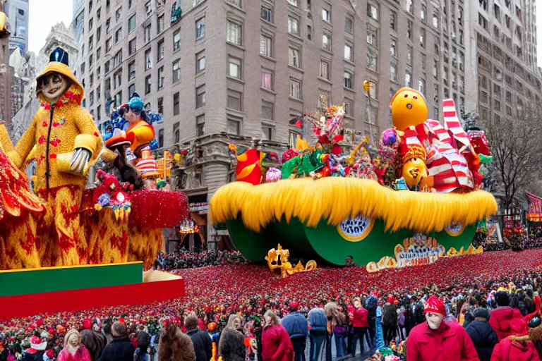 Image similar to photo of giant beautiful elaborate parade float designed by wes anderson, in the macys parade, detailed 4 k photo,