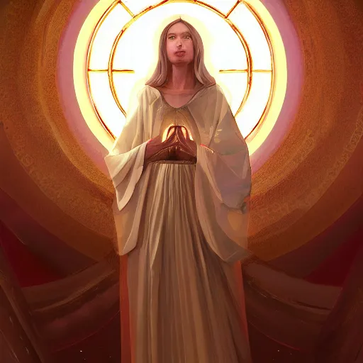 Prompt: a Portrait of A goddess in a church with a holy light emanating from her body by wlop and greg rutkowsk,In style of digital art illustration.hyper detailed,smooth, sharp focus,trending on artstation,4k