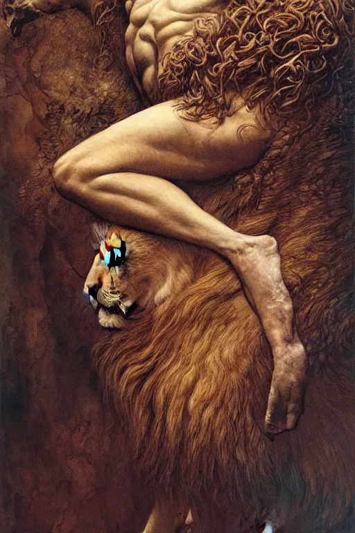 Image similar to portrait of a lion in the style of wayne barlowe, gustav moreau, goward, bussiere, roberto ferri, santiago caruso, luis ricardo falero, austin osman spare