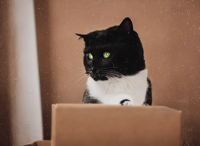 Image similar to photography of a Cat sitting on a box. in a room full of posters, photorealistic, raining award winning photo, 100mm, sharp, high res