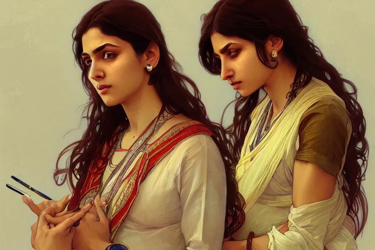 Image similar to Anxious good looking pale young Indian doctors arguing, portrait, elegant, intricate, digital painting, artstation, concept art, smooth, sharp focus, illustration, art by artgerm and greg rutkowski and alphonse mucha