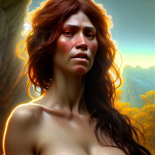 Image similar to beautiful digital painting of a cavewoman with high detail, real life skin, primal colors, 8 k, stunning detail, works by artgerm, greg rutkowski and alphonse mucha, unreal engine 5, 4 k uhd