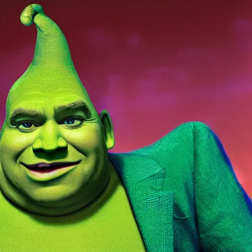 Image similar to photo of Donald Trump as Shrek the movie Shrek, cinestill, 800t, 35mm, full-HD