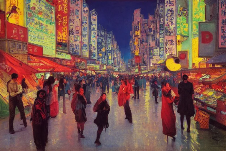 Prompt: dream festival, revelers playing games and shopping at a night market, low angle view from a city street lined with shops and apartments, glowing street signs, city like hong kong, tokyo, barcelona, oil painting by edvard munch, beksinski, alphonse mucha, trending on artstation