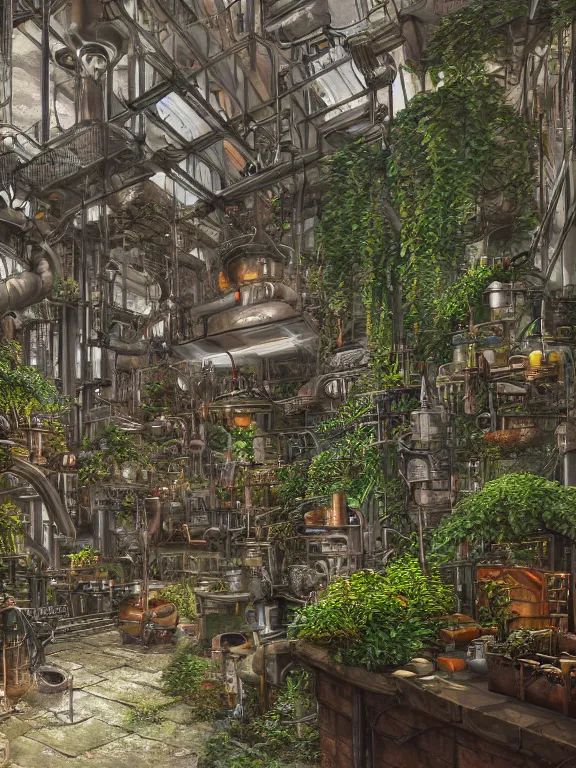 Image similar to A scenic view of A steampunk Plant Breeding Laboratory in undercity district depth ,by guido borelli ,vray Lumion