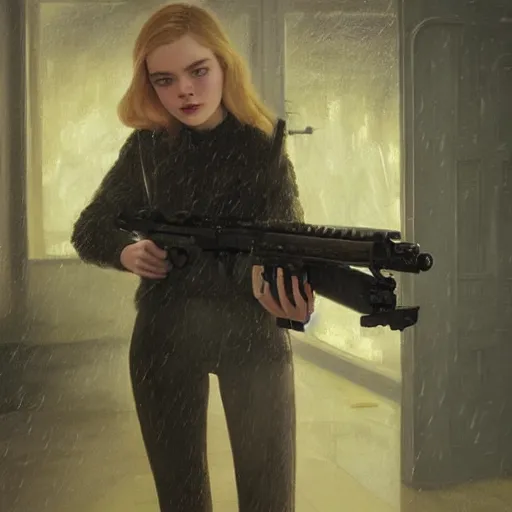 Prompt: Elle Fanning holding a sniper rifle in the style of Paola Vetri, head and shoulders portrait, stormy weather, extremely detailed masterpiece, oil on canvas, low-key neon lighting, artstation, Blade Runner 2049, Roger Deakin’s cinematography, by J. C. Leyendecker and Peter Paul Rubens and Edward Hopper and Michael Sowa,