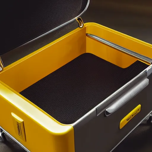 Image similar to a yellow coffee mug looks like rimowa aluminium suitcase, full of steaming coffee