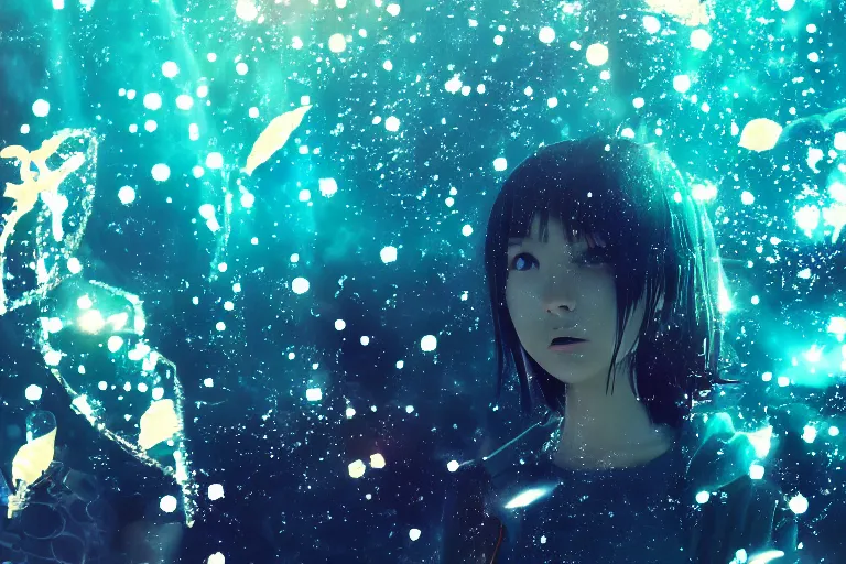 Prompt: double exposure anime girl underwater reef sparkling bokeh, in the style of makoto shinkai and leiji matsumoto