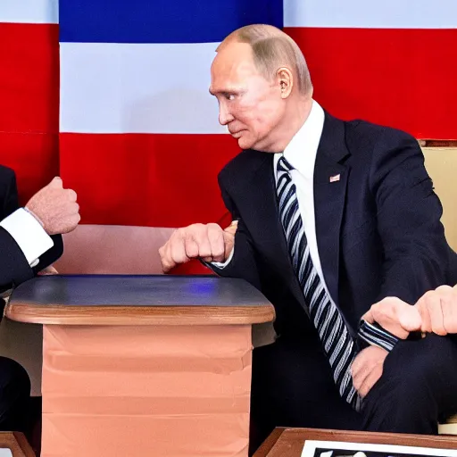 Image similar to biden and putin playing rock paper scissors in a box ring, trump is the referee