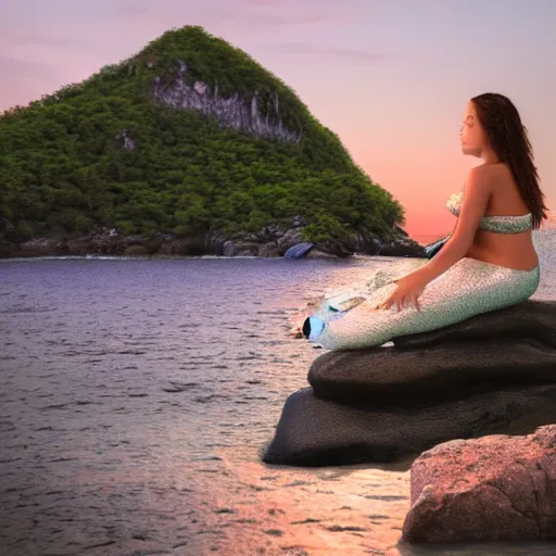 Image similar to a beautiful photo of a mermaid sits on a rock and stares at the island, sunset lighting, hyper realistic, 1 0 5 mm, amazing