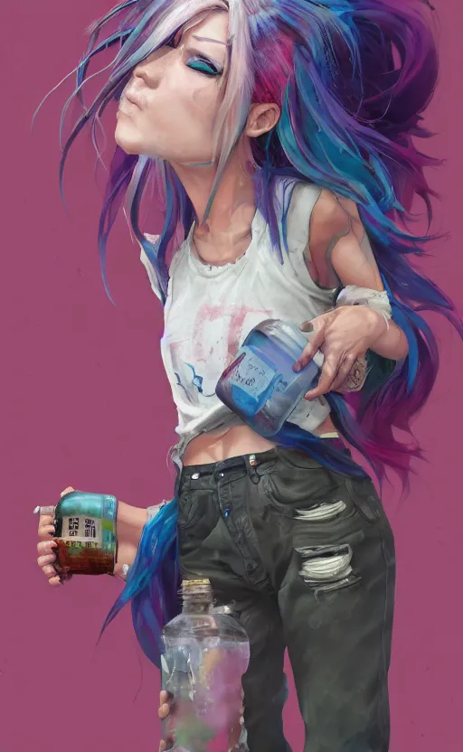 Image similar to a grungy woman with rainbow hair, drunk, holding bottle, soft eyes and narrow chin, dainty figure, long hair straight down, torn kawaii shirt and baggy jeans, basic white background, In style of by Jordan Grimmer and greg rutkowski, crisp lines and color,