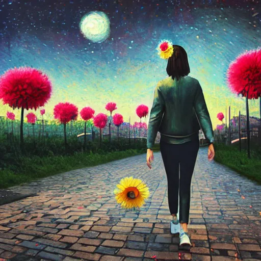 Prompt: giant daisy flower head, woman walking in a modern city, surreal photography, night sky, dark, stars, impressionist painting, digital painting, artstation, simon stalenhag