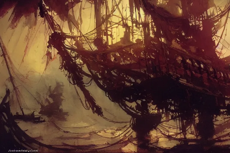 Image similar to pirate ship interior, intricate, elegant, highly detailed, vivid colors, john harris, frazetta, tyrus wong, ruan jia, jeffrey catherine jones