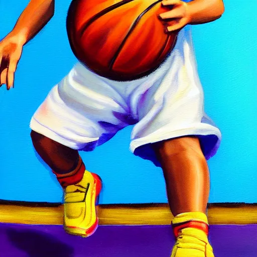 Prompt: a painting of a kid playing basketball, close up, action shot