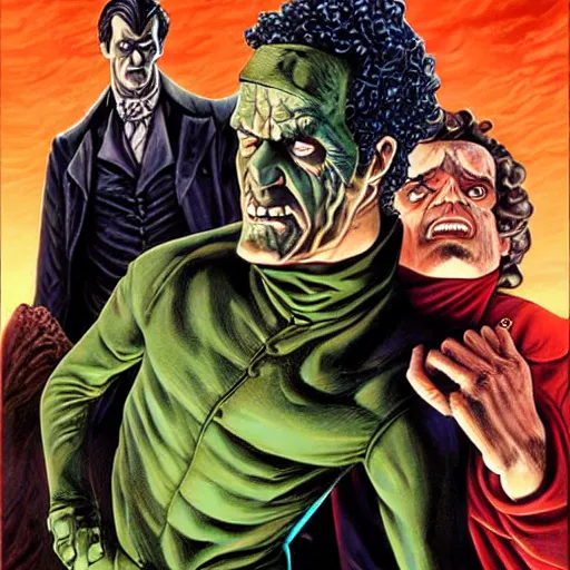 Image similar to frankenstein vs edgar allan poe by joe jusko