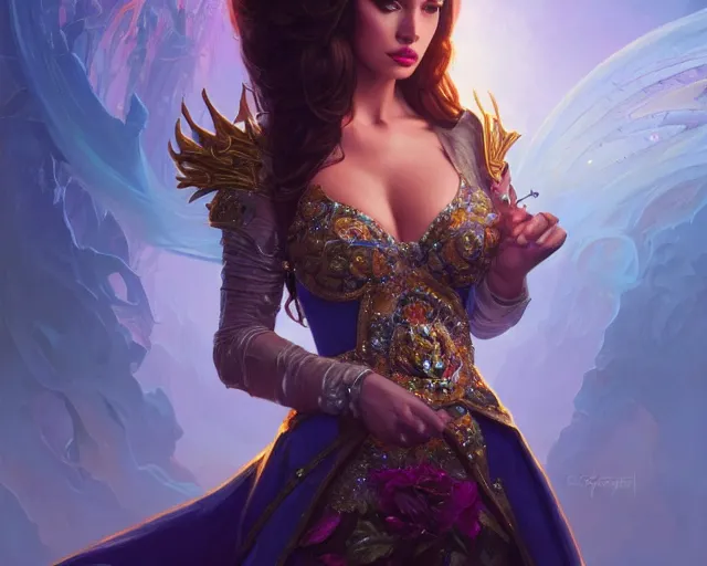 Image similar to lizkatz as miss universe, 8 k, deep focus, d & d, fantasy, intricate, elegant, highly detailed, digital painting, artstation, concept art, matte, sharp focus, illustration, hearthstone, art by artgerm and greg rutkowski and alphonse mucha