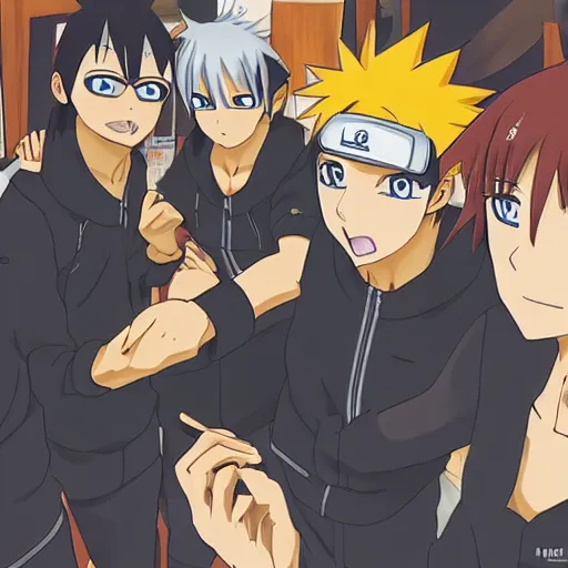 Prompt: a group of guys, named lampova hanging out in pub in the style of the anime naruto