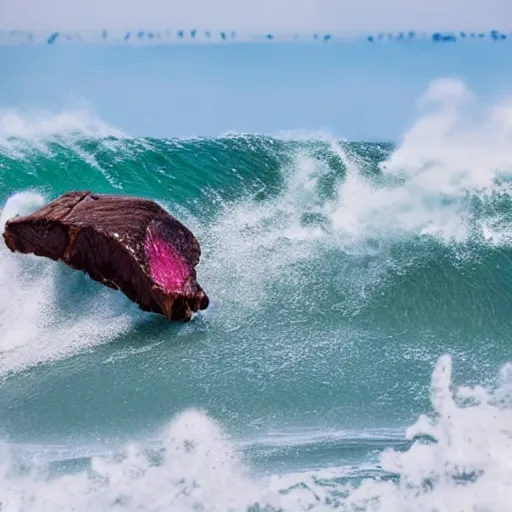 Image similar to a medium rare steak surfing the big waves at mavericks, high contrast, slow - mo high speed photography, water splashing, summertime water park