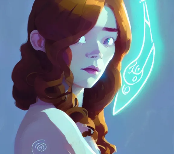 Prompt: portrait woman with long ginger curly hair, profane glowing rune, runes, by atey ghailan, by greg rutkowski, by greg tocchini, by james gilleard, by joe fenton, by kaethe butcher, by ashley wood, dynamic lighting, gradient light blue, brown, blonde cream and white color scheme, grunge aesthetic