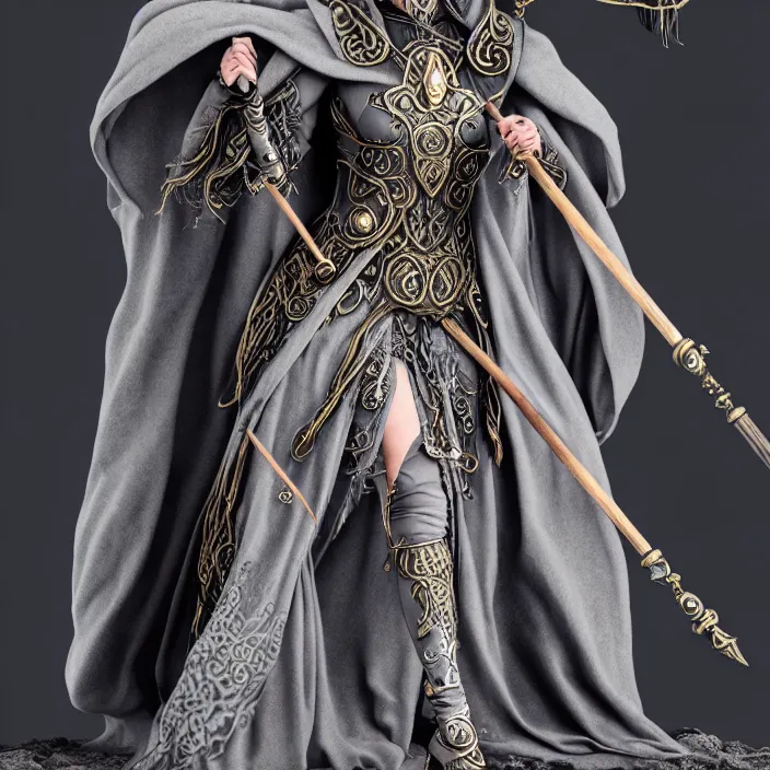 Prompt: photograph of a real-life beautiful elemental moon witch with ornate grey robes and staff. Extremely detailed. 8k