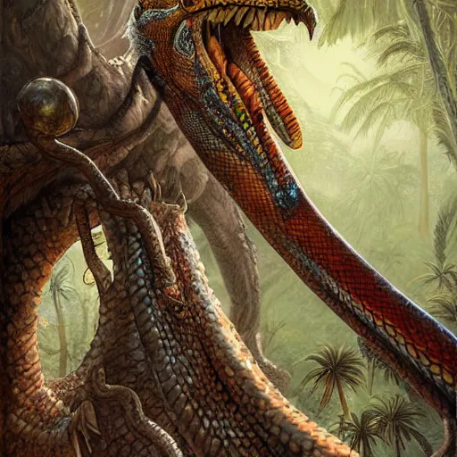 Prompt: digital painting of gigantic feathered snake, by filipe pagliuso and justin gerard, jungle, fantasy, highly detailed, ominous, intricate, snake, feathers, fangs, mayan