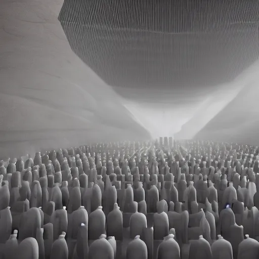 Image similar to octane render, inside the grand hall of a stunning giant huge brutalist cement palace, a giant floating screaming face made out of swirling colorful glowing particles, a huge crowd of people in black cult robes kneeling down, cinema 4 d, volumetric lighting and shadows, fog, moody, atmospheric, 8 k