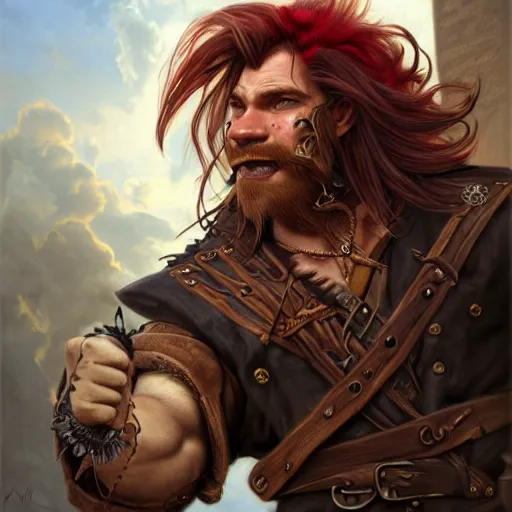 Prompt: portrait of a boar - man hybrid pirate, male, handsome, masculine, full body, red hair, long hair, soft hair, fantasy, intricate, elegant, highly detailed, steampunk, airship, digital painting, artstation, concept art, character art, smooth, sharp focus, illustration, art by artgerm and greg rutkowski and alphonse mucha