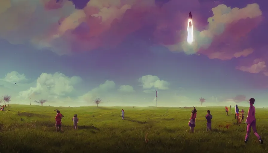 Prompt: people in grassland and forest watching rocketlaunch, bright, colorful clouds, partial solar eclipse, matte painting, trending on artstation, simon stalenhag