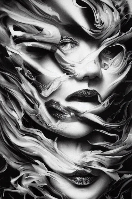 Image similar to distorted detailed painting of a woman made of ink cloud smoke, hyper detailed, trending on Artstation