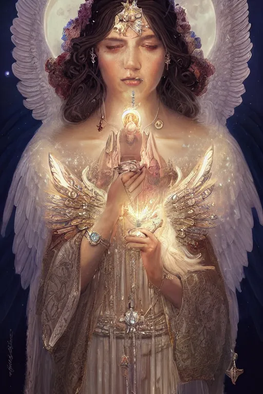 Image similar to A beautiful digital painting of a female Seraphim full of jewels, princess, the moon behind her, intricate, cinematic lighting, highly detailed, digital painting, Artstation, concept art, smooth, sharp focus, illustration, art by Tom Bagshaw, Artgerm and Greg Rutkowski