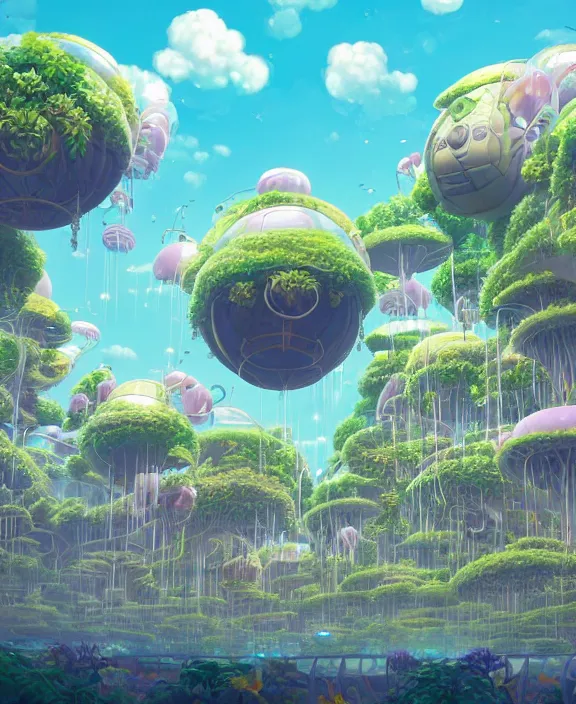 Image similar to simplicity, an elegant amusement park made out of seamless fat asymmetrical organic creatures, in the style of an aerodynamic blobby spaceship, overgrown with orchids, partly cloudy, sun - drenched, dramatic lighting, by dan mumford, yusuke murata, makoto shinkai, ross tran, cinematic, unreal engine, cel shaded, featured on artstation, pixiv