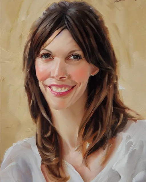 Prompt: a portrait painting of sabrina lloyd / perdita weeks / nicole de boer hybrid oil painting, gentle expression, smiling, elegant clothing, scenic background, behance hd by michael garmash, artgerm