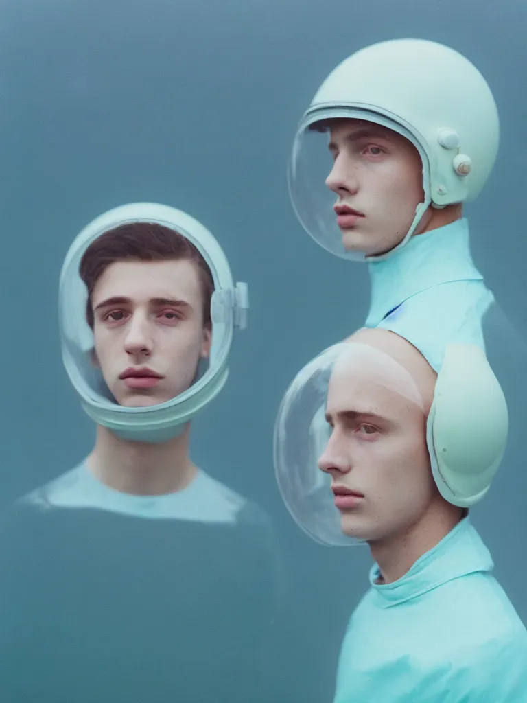 Image similar to high quality pastel coloured film portrait photograph of a beautiful young 2 0 year old male, soft facial features, short hair, wearing perspex space helmet and oversized inflated clothing!! icelandic black rock pool environment. atmospheric three point light. photographic. art directed. ( pastel colours ). volumetric. clearcoat. waves. 8 k. filmic.