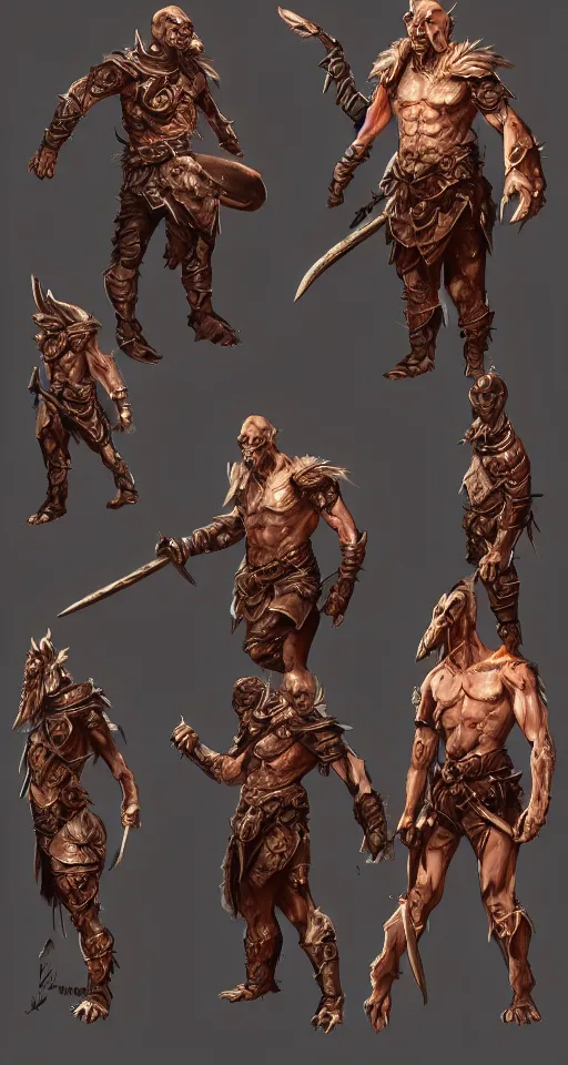 Image similar to concept art of a wounded, copper DnD dragonborn barbarian with a lot of battlescars, character design, concept art, render, fullbody shot turnaround, trending on artstation