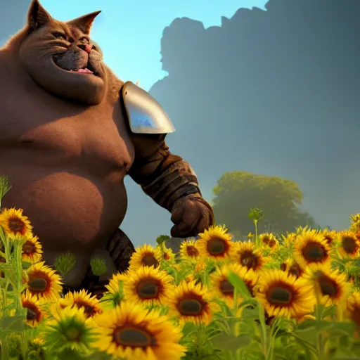 Prompt: ogre in lether armor petting a cat in sunflower fields, award winning, trending on artstation, unreal engine